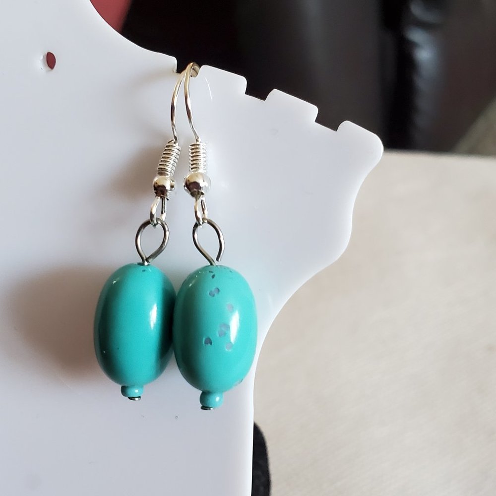 Speckled Teal Plastic Bead Dangle Hook Earrings